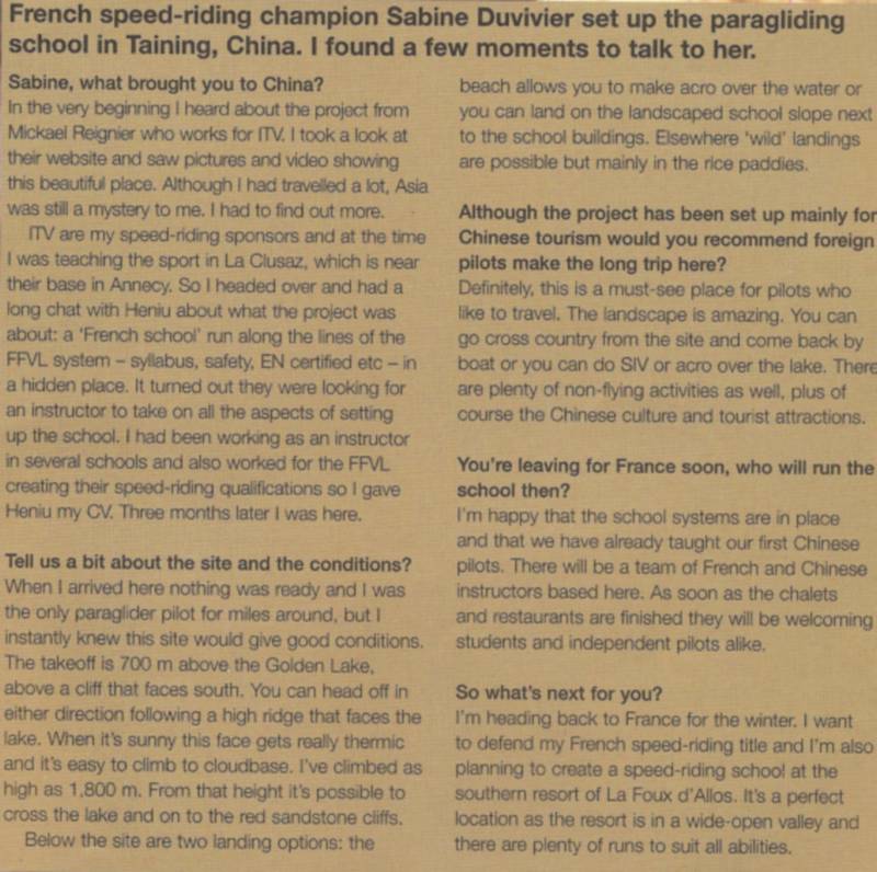 Expérience chinoise - installation d'une école de parapente à Taining 