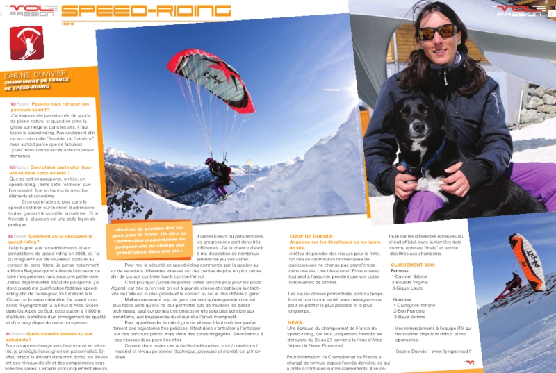 vol passion 75 - decembre 2012 - sabine Duvivier - Championne de France de Speedriding 
